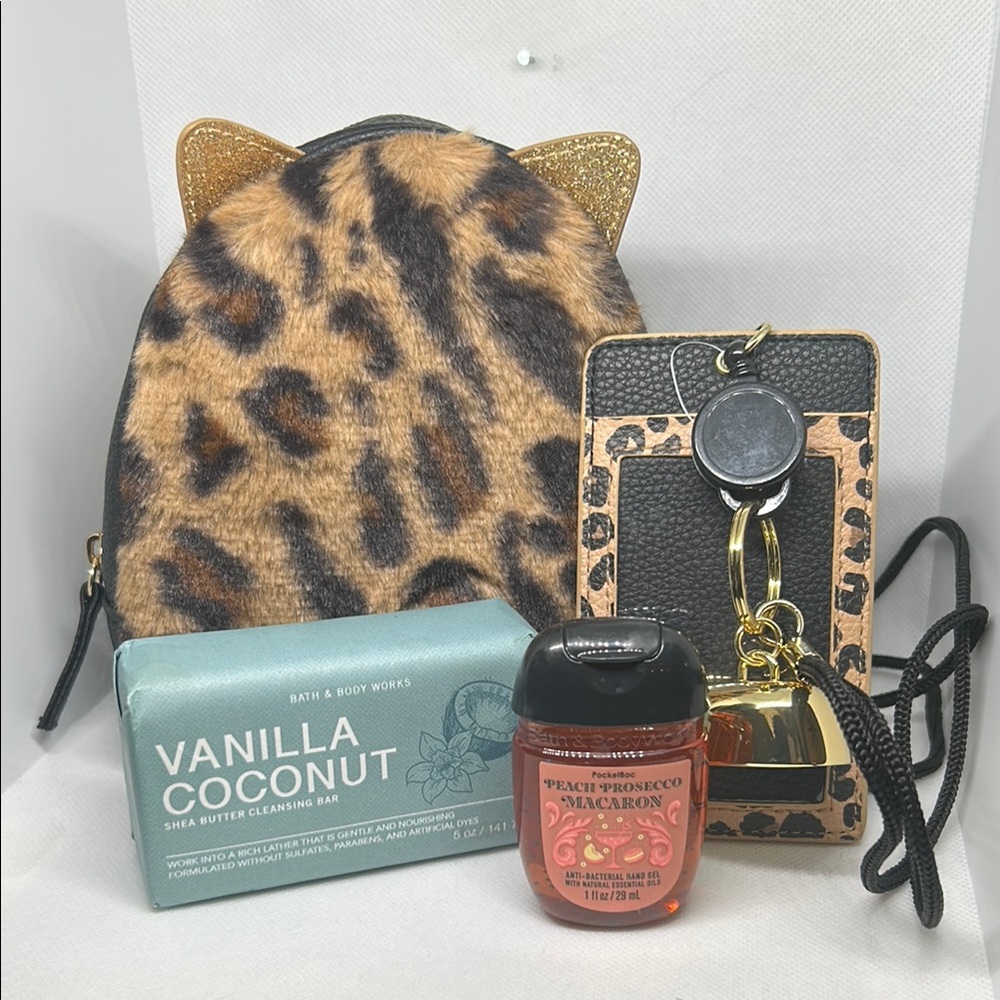 B&BW Leopard Print Cat Ear pouch, lanyard, hand sanatizer holder and Bath Set